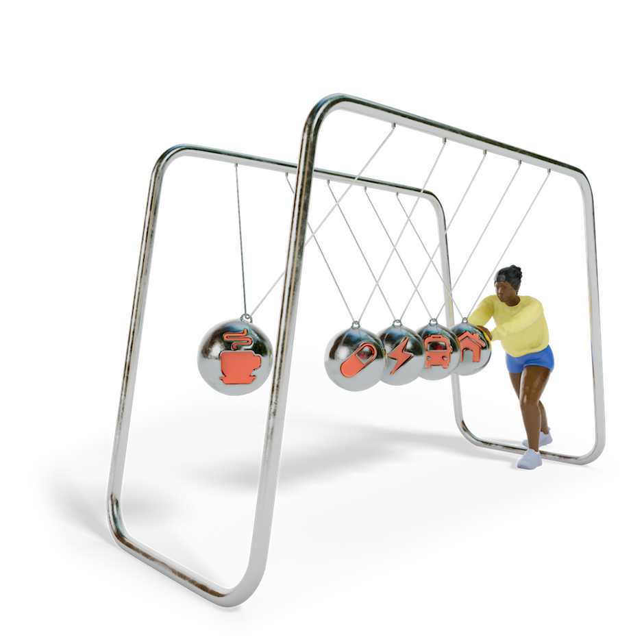 Woman pushing the circles in an oversized newtons cradle. Each ball in the cradle has an icon of a coffee cup, medicine pill, a utility lightning bolt, a bus and a house. 