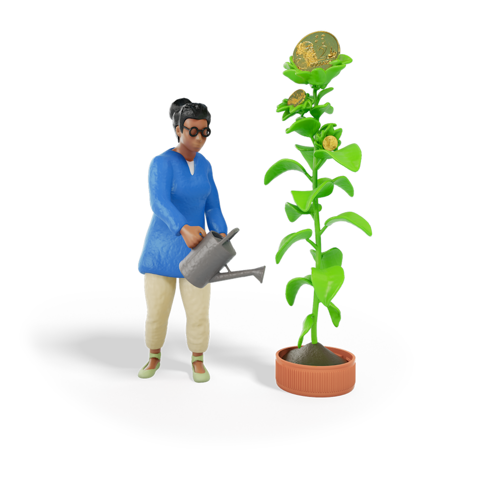 Woman holding a watering can over a plant growing out of a bottle cap. The plant has 2 dollar coin flowers