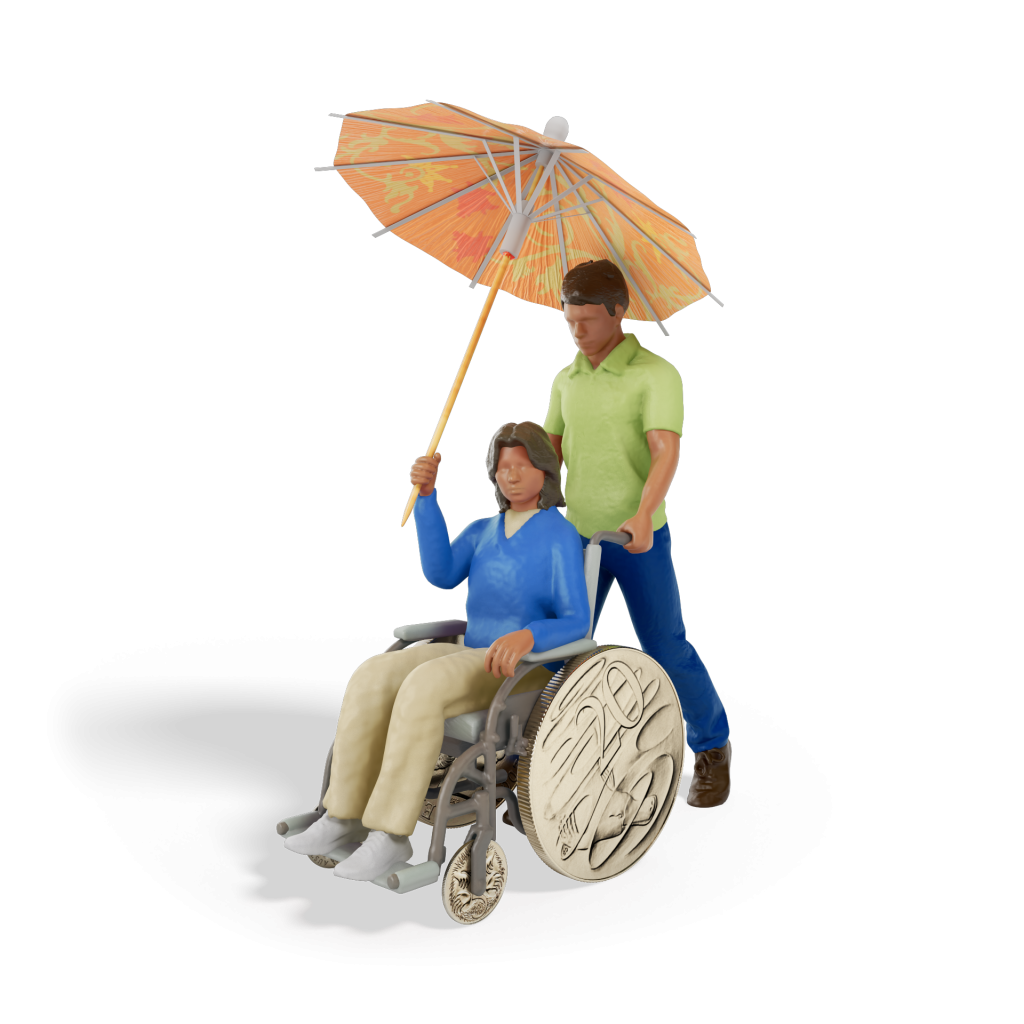 A woman in a wheelchair with 20 cent and 5 cent pieces for wheels, holding an umbrella that covers her and the man pushing her wheelschair.