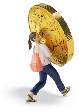 Young woman carrying an oversized one dollar coin