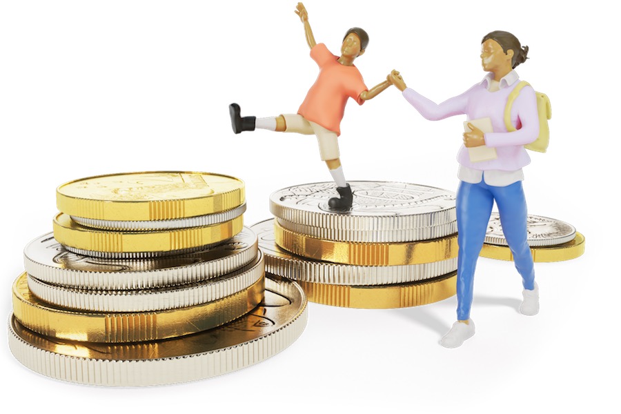 A parent holding the hand of a child as they jump on piles of coins.